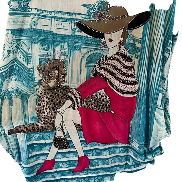 LP Rhinestone Studded Novelty Blouse XXL Woman Cheetah Building Ruched Stretch - Picture 11 of 15